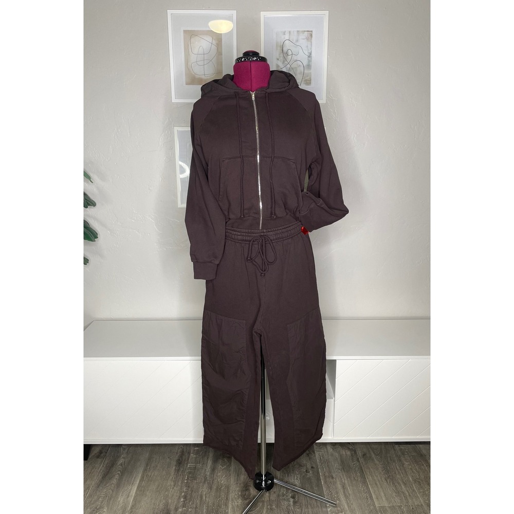 LESET Tracksuit Set Womens S Brown Zip Hoodie Wide Leg Sweatpants 2pc Set